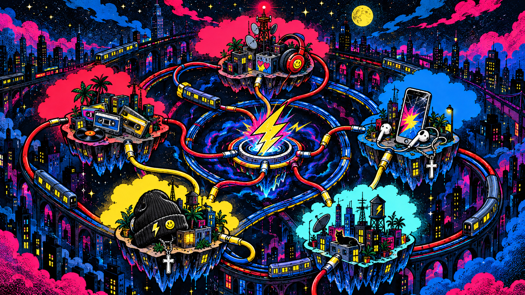 A hand-drawn night city map with floating islands connected by headphone cables