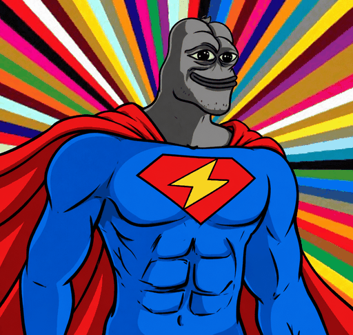 Super GigaGaga, a gray frog hero in a blue suit and red cape, standing before a multicolor burst